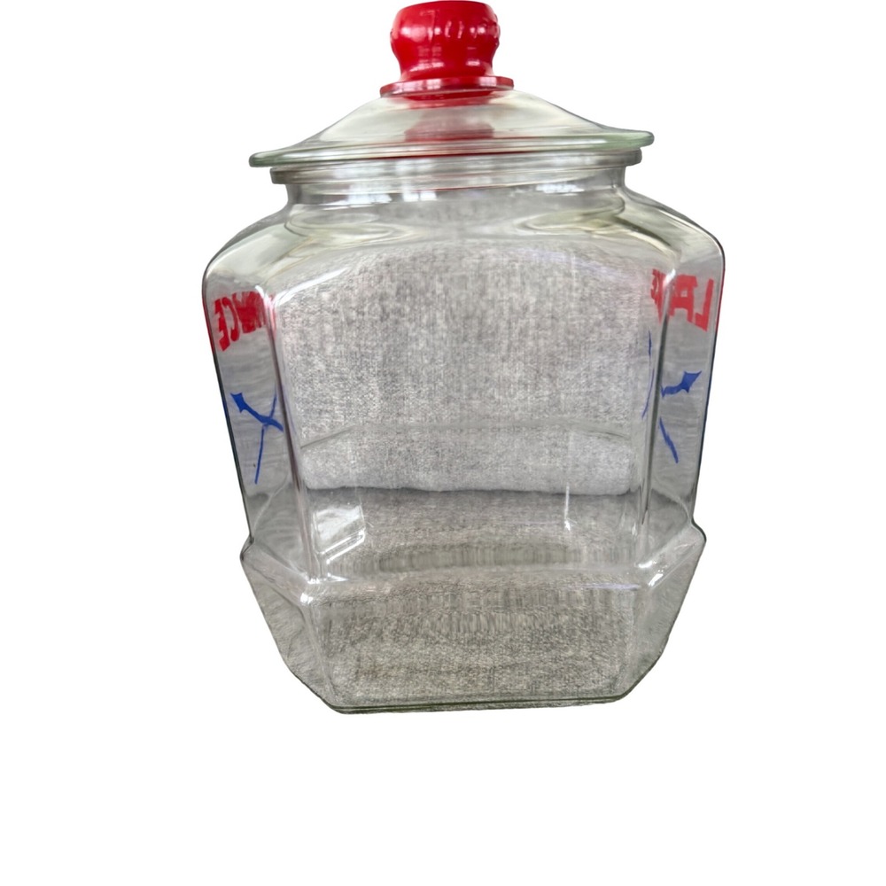Vintage Lance Glass Cracker Cookie Jar Hexagonal Red Logo Blue Arrows Lid 12.5in - Picture 2 of 8
